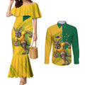 Personalized Australian Jackaroo Lawn Bowls Couples Matching Mermaid Dress and Long Sleeve Button Shirt Kangaroo Bowler Green Yellow National Spirit Mascot Art