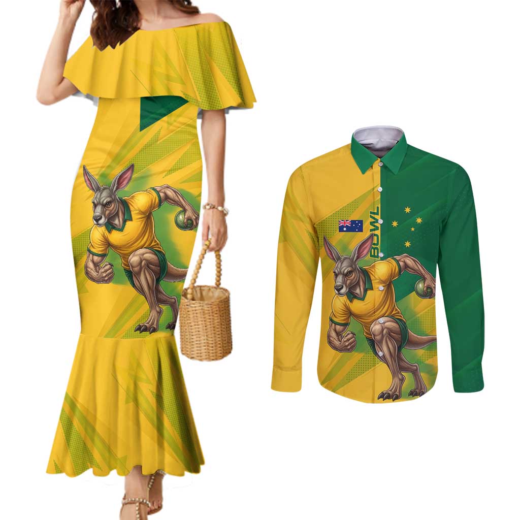 Personalized Australian Jackaroo Lawn Bowls Couples Matching Mermaid Dress and Long Sleeve Button Shirt Kangaroo Bowler Green Yellow National Spirit Mascot Art