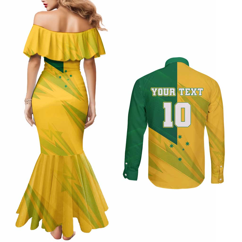 Personalized Australian Jackaroo Lawn Bowls Couples Matching Mermaid Dress and Long Sleeve Button Shirt Kangaroo Bowler Green Yellow National Spirit Mascot Art