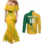 Personalized Australian Jackaroo Lawn Bowls Couples Matching Mermaid Dress and Long Sleeve Button Shirt Kangaroo Bowler Green Yellow National Spirit Mascot Art