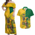 Personalized Australian Jackaroo Lawn Bowls Couples Matching Off Shoulder Maxi Dress and Hawaiian Shirt Kangaroo Bowler Green Yellow National Spirit Mascot Art
