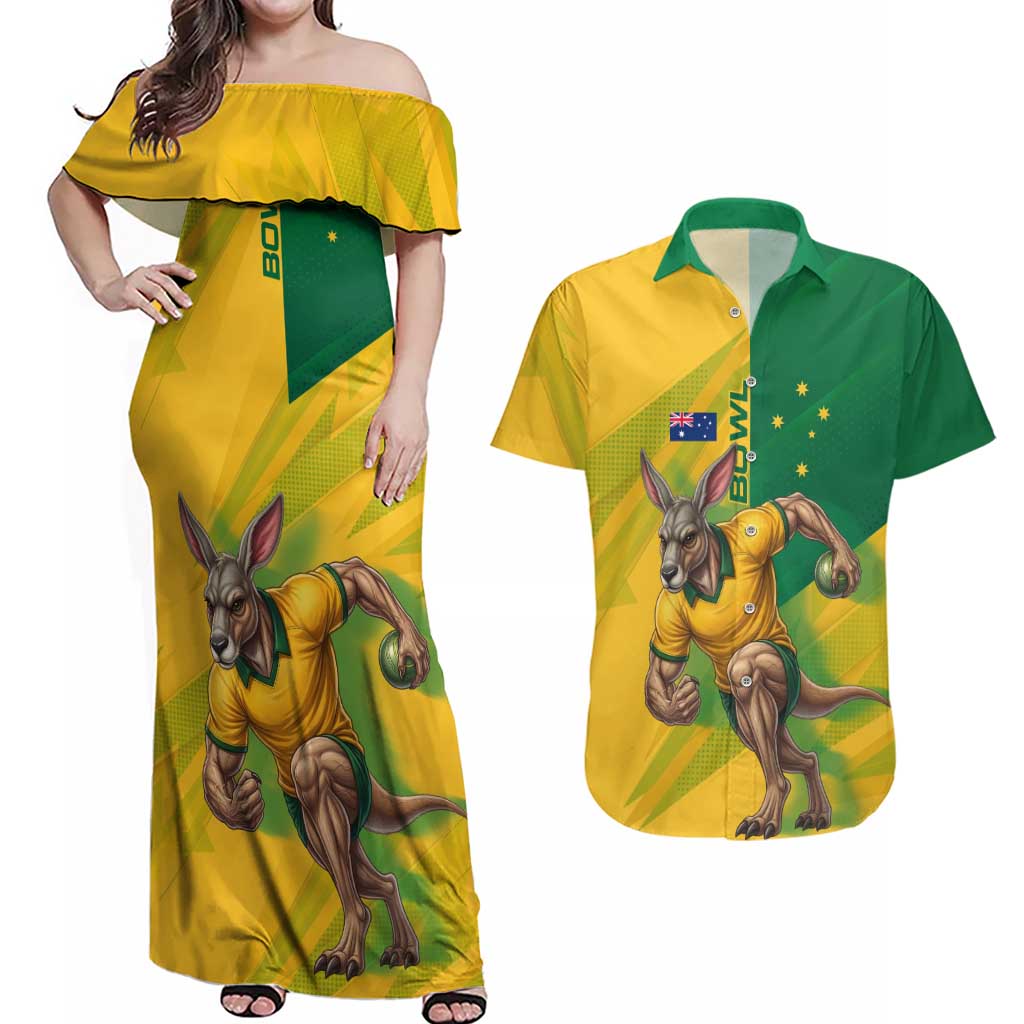 Personalized Australian Jackaroo Lawn Bowls Couples Matching Off Shoulder Maxi Dress and Hawaiian Shirt Kangaroo Bowler Green Yellow National Spirit Mascot Art