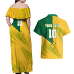 Personalized Australian Jackaroo Lawn Bowls Couples Matching Off Shoulder Maxi Dress and Hawaiian Shirt Kangaroo Bowler Green Yellow National Spirit Mascot Art