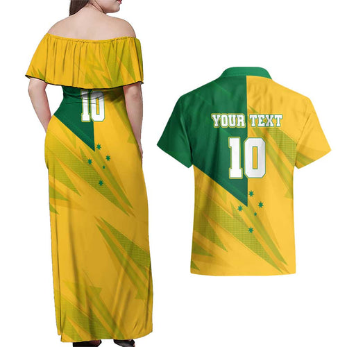 Personalized Australian Jackaroo Lawn Bowls Couples Matching Off Shoulder Maxi Dress and Hawaiian Shirt Kangaroo Bowler Green Yellow National Spirit Mascot Art