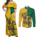 Personalized Australian Jackaroo Lawn Bowls Couples Matching Off Shoulder Maxi Dress and Long Sleeve Button Shirt Kangaroo Bowler Green Yellow National Spirit Mascot Art