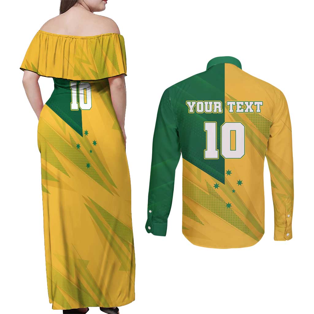 Personalized Australian Jackaroo Lawn Bowls Couples Matching Off Shoulder Maxi Dress and Long Sleeve Button Shirt Kangaroo Bowler Green Yellow National Spirit Mascot Art