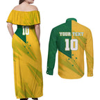 Personalized Australian Jackaroo Lawn Bowls Couples Matching Off Shoulder Maxi Dress and Long Sleeve Button Shirt Kangaroo Bowler Green Yellow National Spirit Mascot Art