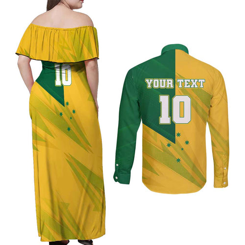 Personalized Australian Jackaroo Lawn Bowls Couples Matching Off Shoulder Maxi Dress and Long Sleeve Button Shirt Kangaroo Bowler Green Yellow National Spirit Mascot Art