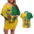 Personalized Australian Jackaroo Lawn Bowls Couples Matching Off Shoulder Short Dress and Hawaiian Shirt Kangaroo Bowler Green Yellow National Spirit Mascot Art
