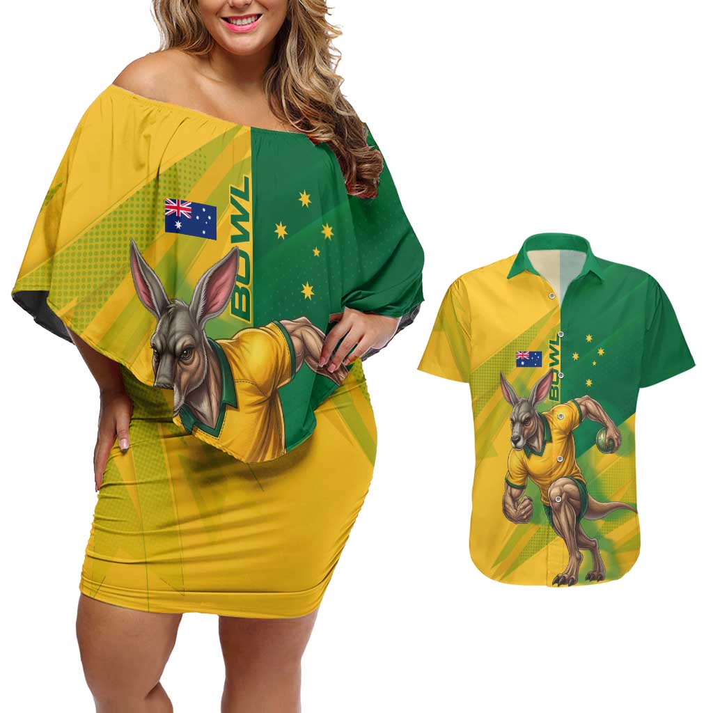 Personalized Australian Jackaroo Lawn Bowls Couples Matching Off Shoulder Short Dress and Hawaiian Shirt Kangaroo Bowler Green Yellow National Spirit Mascot Art