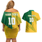 Personalized Australian Jackaroo Lawn Bowls Couples Matching Off Shoulder Short Dress and Hawaiian Shirt Kangaroo Bowler Green Yellow National Spirit Mascot Art