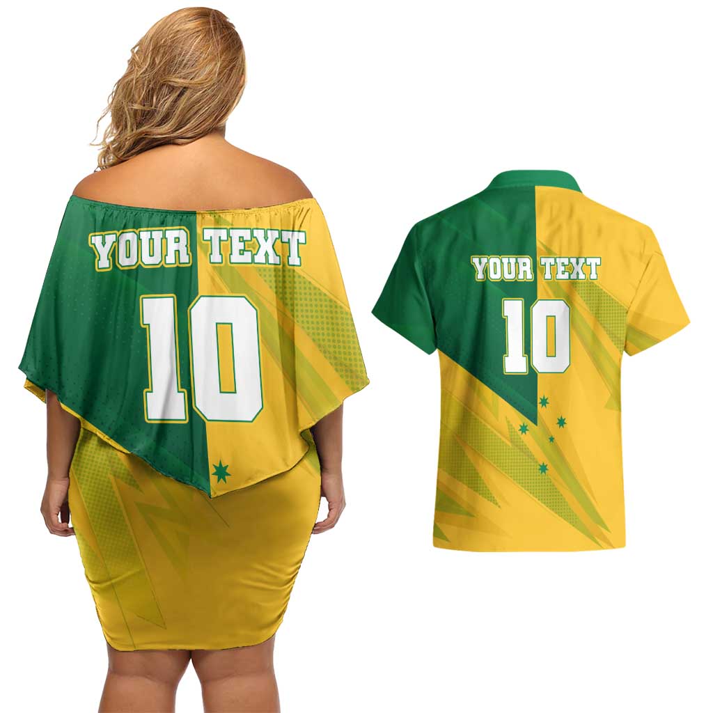 Personalized Australian Jackaroo Lawn Bowls Couples Matching Off Shoulder Short Dress and Hawaiian Shirt Kangaroo Bowler Green Yellow National Spirit Mascot Art