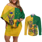 Personalized Australian Jackaroo Lawn Bowls Couples Matching Off Shoulder Short Dress and Long Sleeve Button Shirt Kangaroo Bowler Green Yellow National Spirit Mascot Art