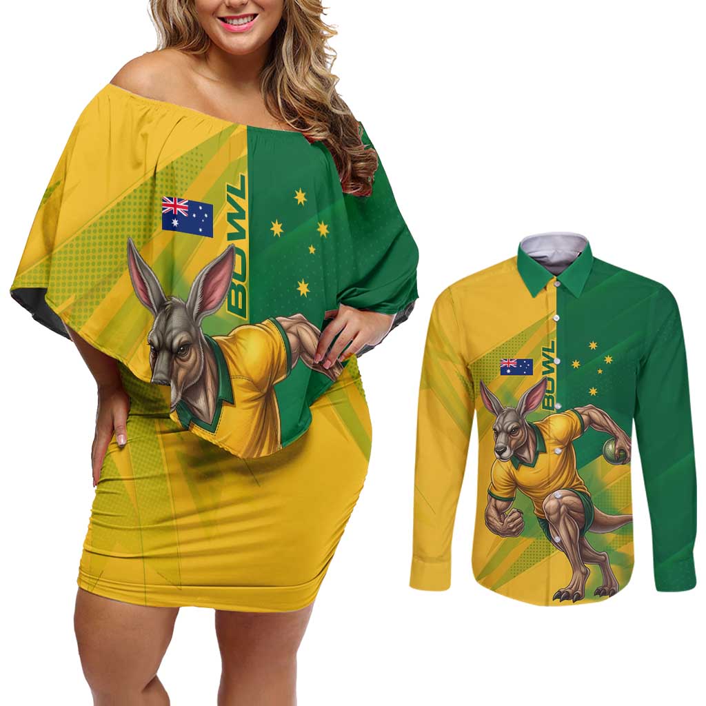 Personalized Australian Jackaroo Lawn Bowls Couples Matching Off Shoulder Short Dress and Long Sleeve Button Shirt Kangaroo Bowler Green Yellow National Spirit Mascot Art