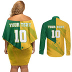 Personalized Australian Jackaroo Lawn Bowls Couples Matching Off Shoulder Short Dress and Long Sleeve Button Shirt Kangaroo Bowler Green Yellow National Spirit Mascot Art