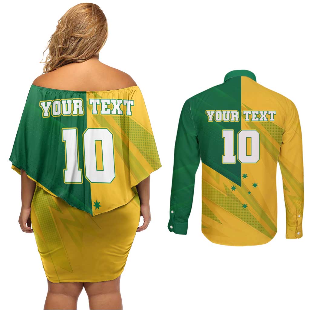 Personalized Australian Jackaroo Lawn Bowls Couples Matching Off Shoulder Short Dress and Long Sleeve Button Shirt Kangaroo Bowler Green Yellow National Spirit Mascot Art