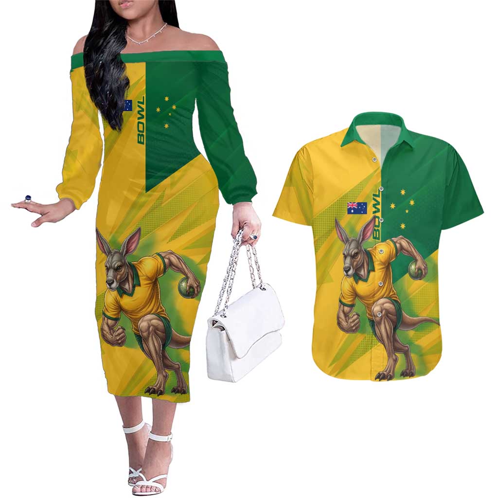 Personalized Australian Jackaroo Lawn Bowls Couples Matching Off The Shoulder Long Sleeve Dress and Hawaiian Shirt Kangaroo Bowler Green Yellow National Spirit Mascot Art