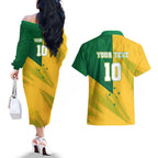 Personalized Australian Jackaroo Lawn Bowls Couples Matching Off The Shoulder Long Sleeve Dress and Hawaiian Shirt Kangaroo Bowler Green Yellow National Spirit Mascot Art