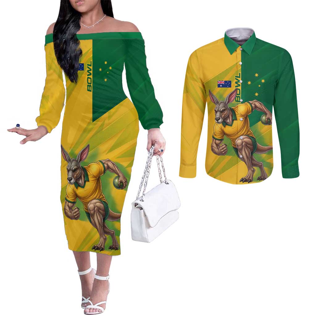 Personalized Australian Jackaroo Lawn Bowls Couples Matching Off The Shoulder Long Sleeve Dress and Long Sleeve Button Shirt Kangaroo Bowler Green Yellow National Spirit Mascot Art