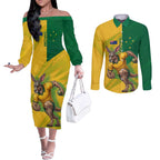 Personalized Australian Jackaroo Lawn Bowls Couples Matching Off The Shoulder Long Sleeve Dress and Long Sleeve Button Shirt Kangaroo Bowler Green Yellow National Spirit Mascot Art