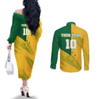 Personalized Australian Jackaroo Lawn Bowls Couples Matching Off The Shoulder Long Sleeve Dress and Long Sleeve Button Shirt Kangaroo Bowler Green Yellow National Spirit Mascot Art