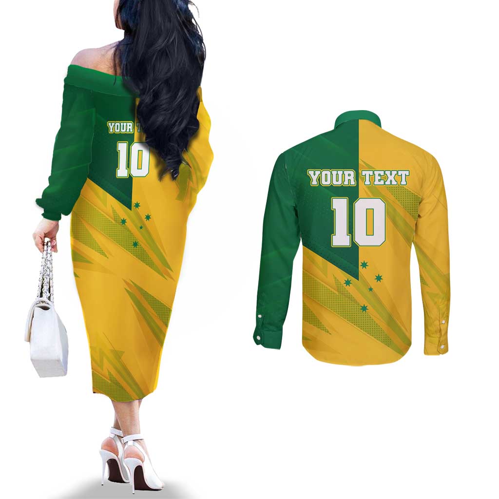 Personalized Australian Jackaroo Lawn Bowls Couples Matching Off The Shoulder Long Sleeve Dress and Long Sleeve Button Shirt Kangaroo Bowler Green Yellow National Spirit Mascot Art
