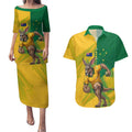 Personalized Australian Jackaroo Lawn Bowls Couples Matching Puletasi and Hawaiian Shirt Kangaroo Bowler Green Yellow National Spirit Mascot Art