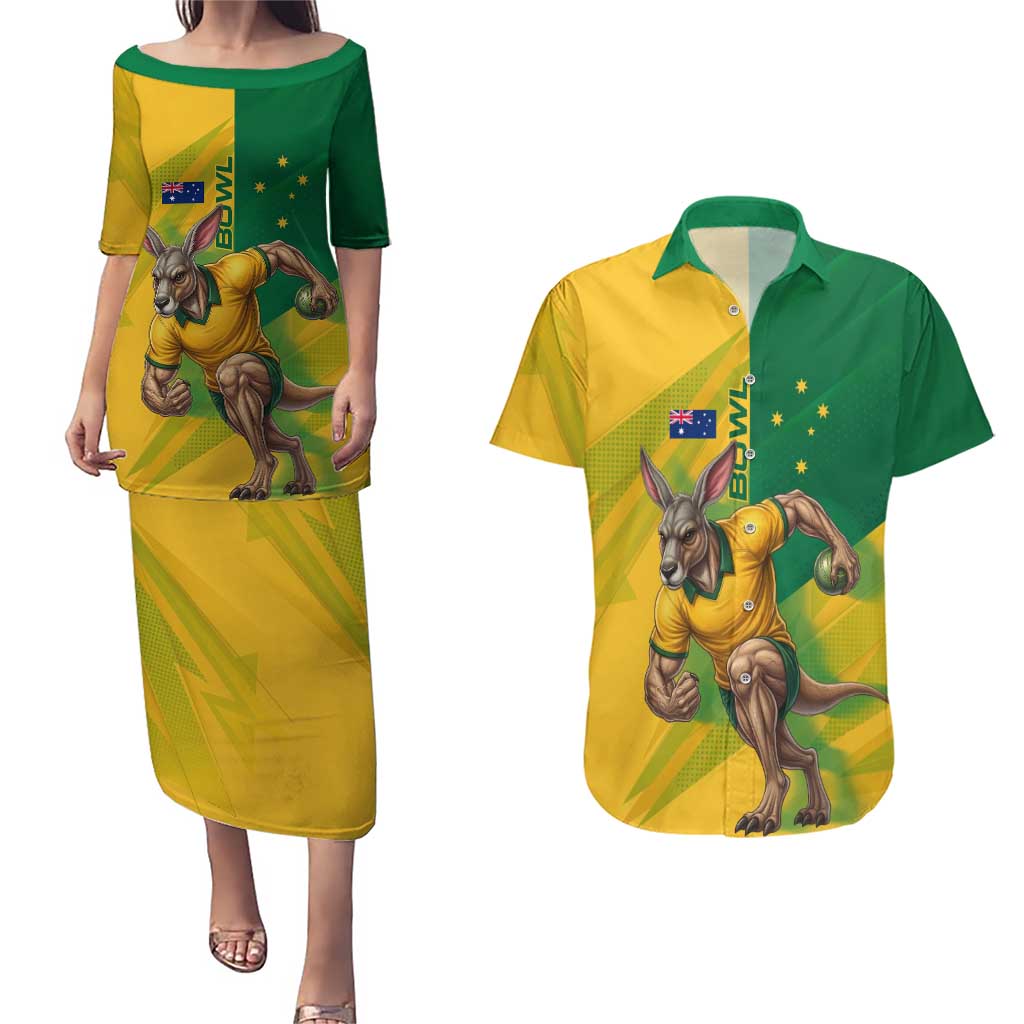 Personalized Australian Jackaroo Lawn Bowls Couples Matching Puletasi and Hawaiian Shirt Kangaroo Bowler Green Yellow National Spirit Mascot Art