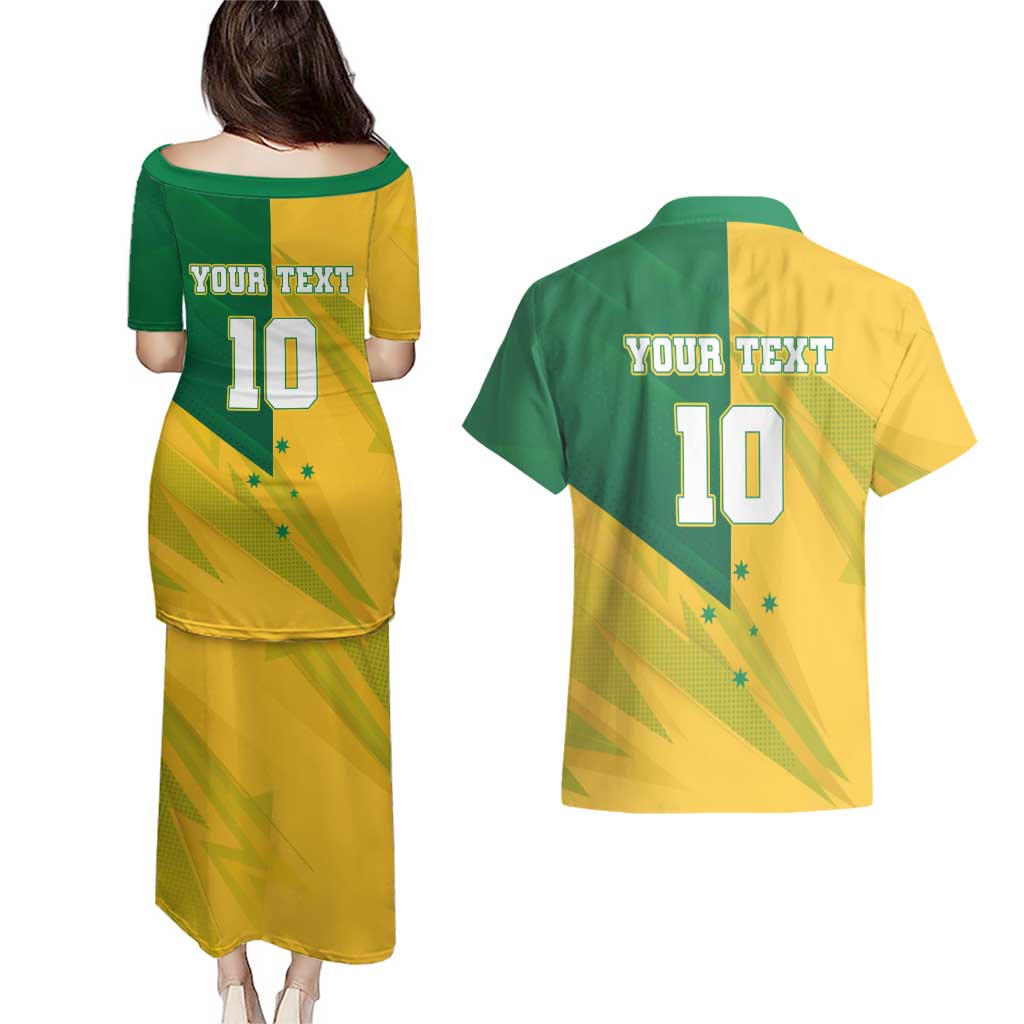 Personalized Australian Jackaroo Lawn Bowls Couples Matching Puletasi and Hawaiian Shirt Kangaroo Bowler Green Yellow National Spirit Mascot Art