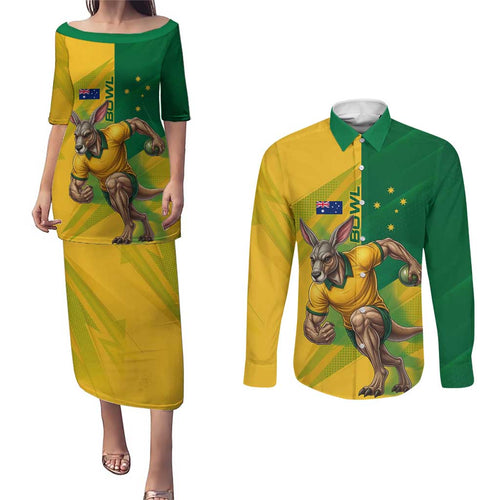 Personalized Australian Jackaroo Lawn Bowls Couples Matching Puletasi and Long Sleeve Button Shirt Kangaroo Bowler Green Yellow National Spirit Mascot Art