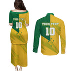 Personalized Australian Jackaroo Lawn Bowls Couples Matching Puletasi and Long Sleeve Button Shirt Kangaroo Bowler Green Yellow National Spirit Mascot Art