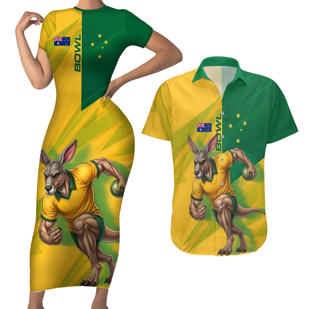 Personalized Australian Jackaroo Lawn Bowls Couples Matching Short Sleeve Bodycon Dress and Hawaiian Shirt Kangaroo Bowler Green Yellow National Spirit Mascot Art