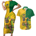 Personalized Australian Jackaroo Lawn Bowls Couples Matching Short Sleeve Bodycon Dress and Hawaiian Shirt Kangaroo Bowler Green Yellow National Spirit Mascot Art