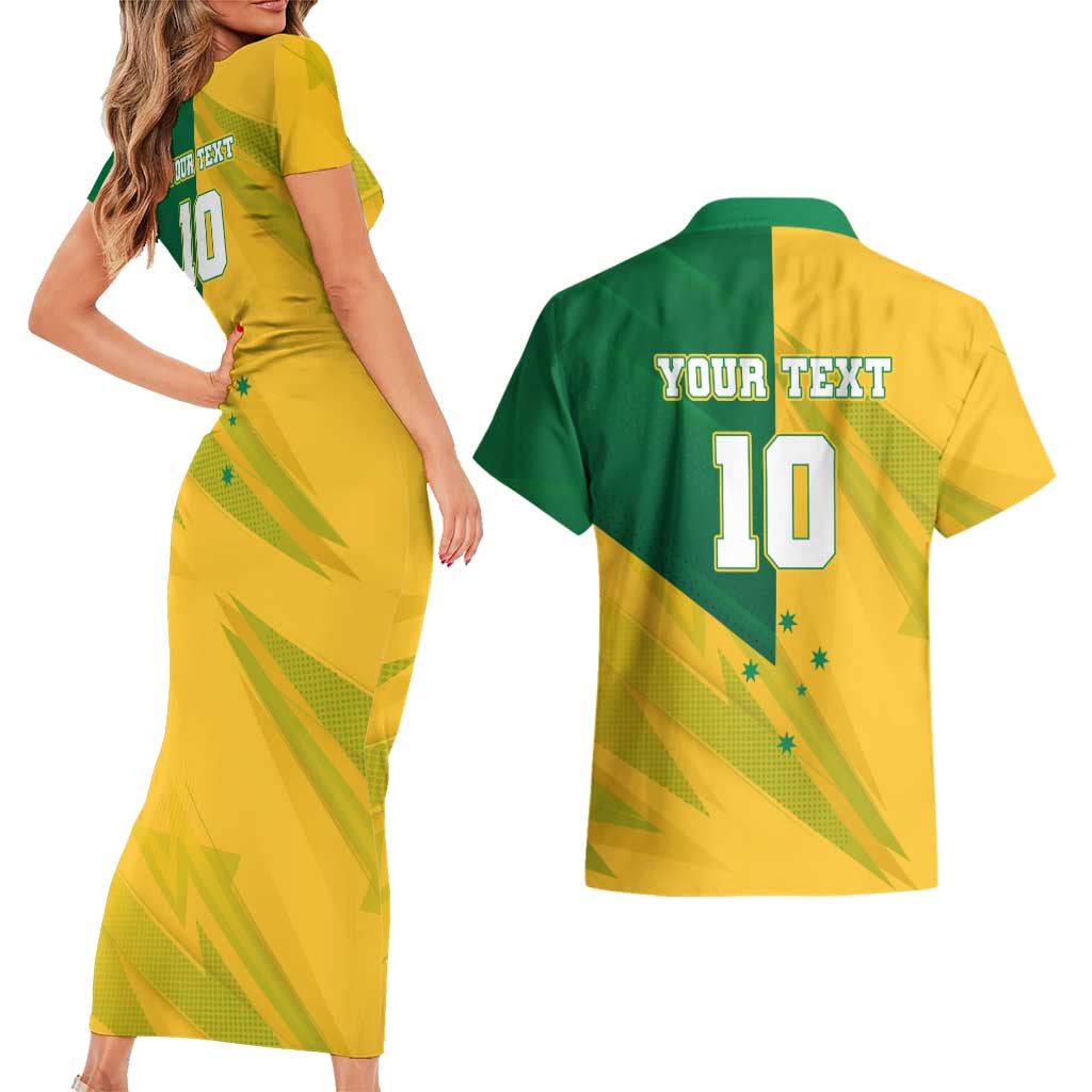 Personalized Australian Jackaroo Lawn Bowls Couples Matching Short Sleeve Bodycon Dress and Hawaiian Shirt Kangaroo Bowler Green Yellow National Spirit Mascot Art