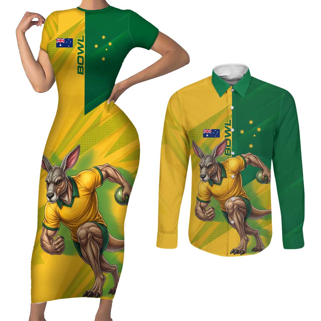 Personalized Australian Jackaroo Lawn Bowls Couples Matching Short Sleeve Bodycon Dress and Long Sleeve Button Shirt Kangaroo Bowler Green Yellow National Spirit Mascot Art