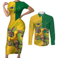 Personalized Australian Jackaroo Lawn Bowls Couples Matching Short Sleeve Bodycon Dress and Long Sleeve Button Shirt Kangaroo Bowler Green Yellow National Spirit Mascot Art