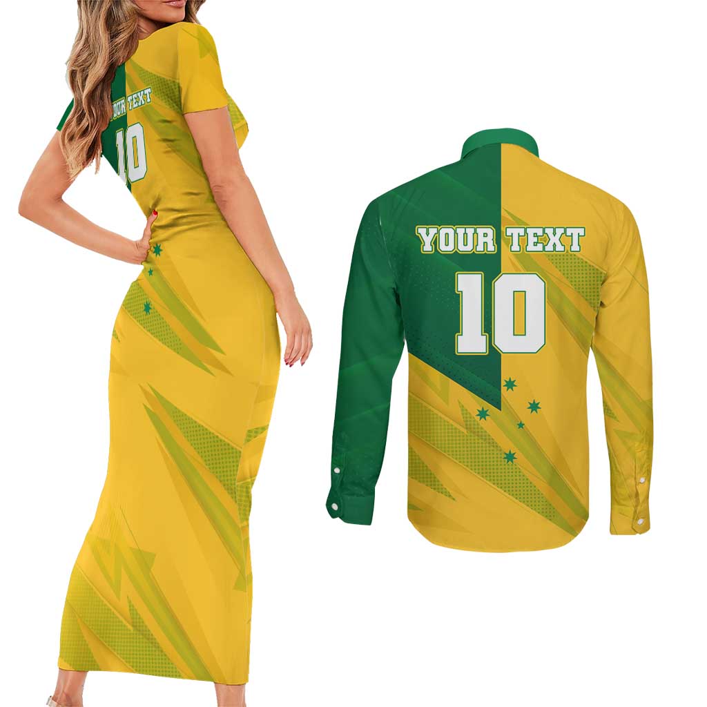 Personalized Australian Jackaroo Lawn Bowls Couples Matching Short Sleeve Bodycon Dress and Long Sleeve Button Shirt Kangaroo Bowler Green Yellow National Spirit Mascot Art