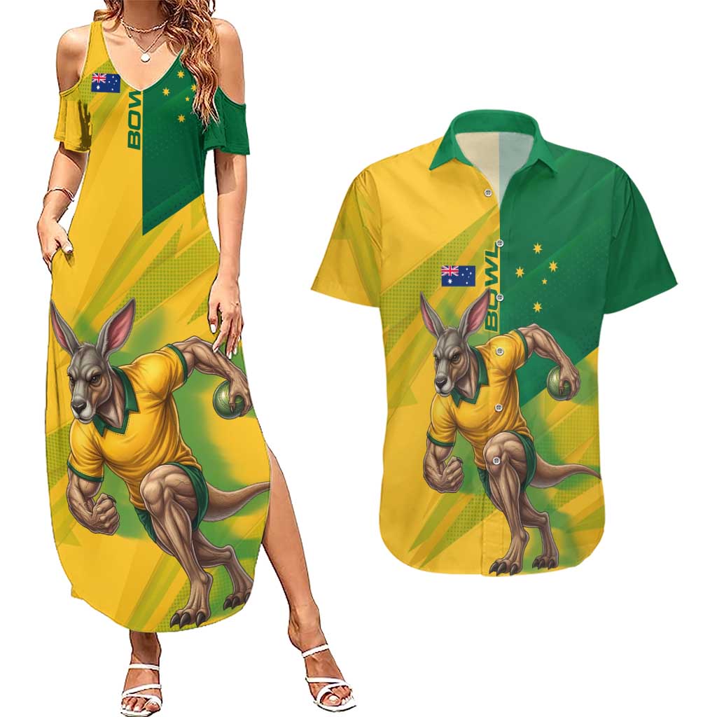 Personalized Australian Jackaroo Lawn Bowls Couples Matching Summer Maxi Dress and Hawaiian Shirt Kangaroo Bowler Green Yellow National Spirit Mascot Art