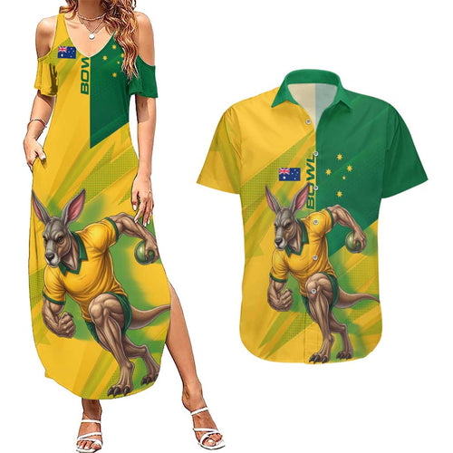 Personalized Australian Jackaroo Lawn Bowls Couples Matching Summer Maxi Dress and Hawaiian Shirt Kangaroo Bowler Green Yellow National Spirit Mascot Art