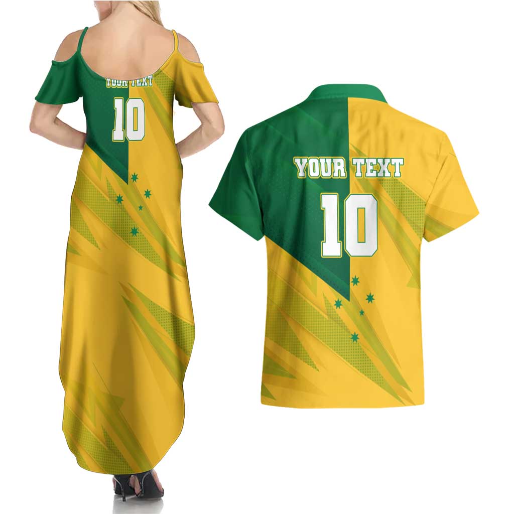 Personalized Australian Jackaroo Lawn Bowls Couples Matching Summer Maxi Dress and Hawaiian Shirt Kangaroo Bowler Green Yellow National Spirit Mascot Art