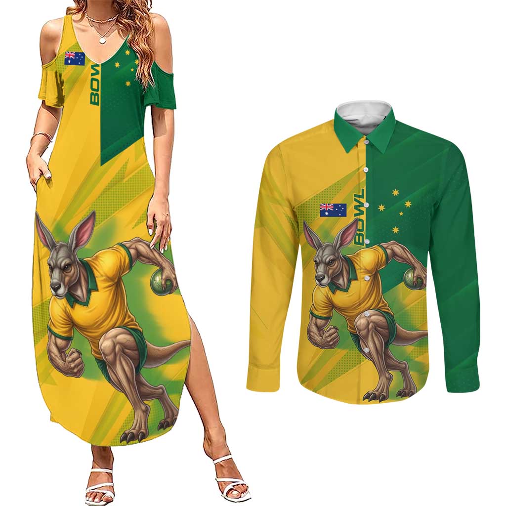 Personalized Australian Jackaroo Lawn Bowls Couples Matching Summer Maxi Dress and Long Sleeve Button Shirt Kangaroo Bowler Green Yellow National Spirit Mascot Art