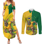 Personalized Australian Jackaroo Lawn Bowls Couples Matching Summer Maxi Dress and Long Sleeve Button Shirt Kangaroo Bowler Green Yellow National Spirit Mascot Art