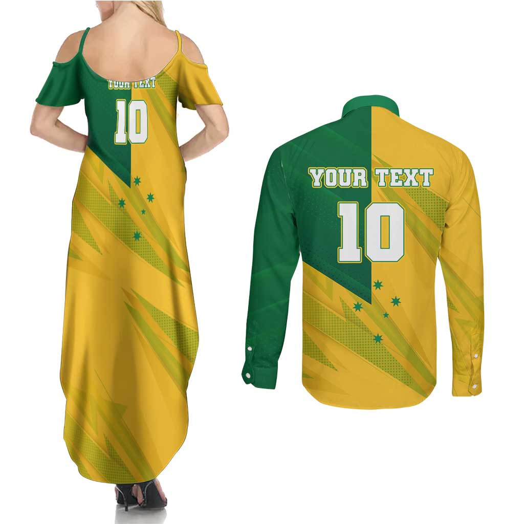 Personalized Australian Jackaroo Lawn Bowls Couples Matching Summer Maxi Dress and Long Sleeve Button Shirt Kangaroo Bowler Green Yellow National Spirit Mascot Art