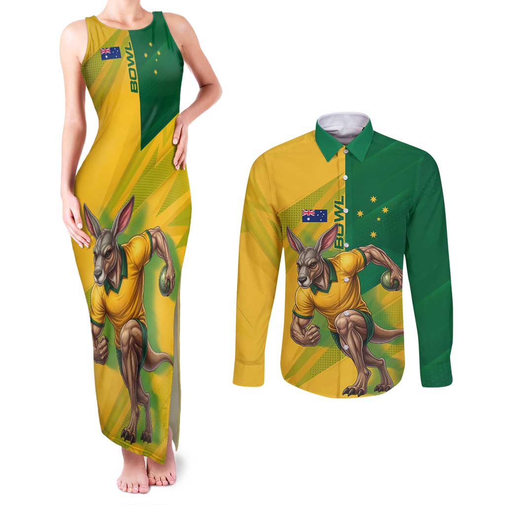 Personalized Australian Jackaroo Lawn Bowls Couples Matching Tank Maxi Dress and Long Sleeve Button Shirt Kangaroo Bowler Green Yellow National Spirit Mascot Art
