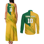 Personalized Australian Jackaroo Lawn Bowls Couples Matching Tank Maxi Dress and Long Sleeve Button Shirt Kangaroo Bowler Green Yellow National Spirit Mascot Art