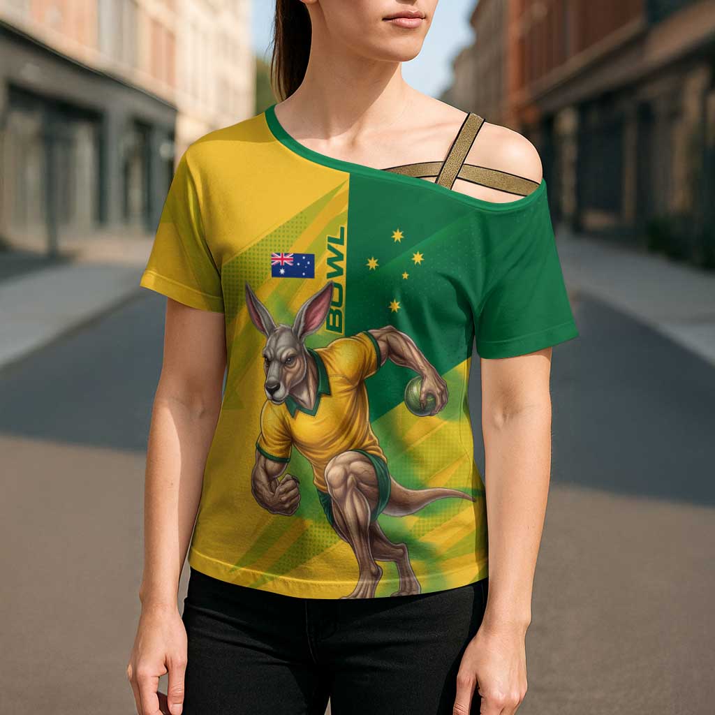 Personalized Australian Jackaroo Lawn Bowls Cross Shoulder Shirt Kangaroo Bowler Green Yellow National Spirit Mascot Art
