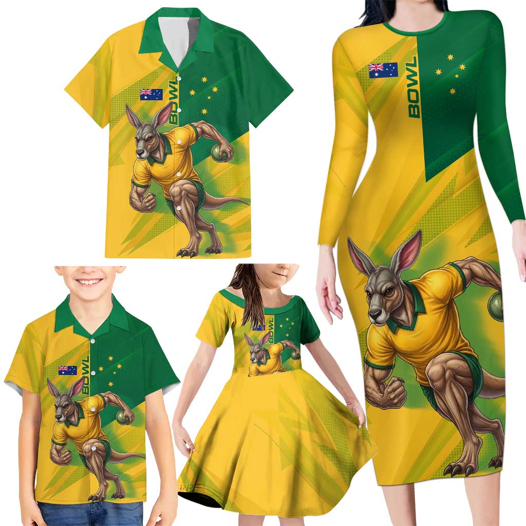 Personalized Australian Jackaroo Lawn Bowls Family Matching Long Sleeve Bodycon Dress and Hawaiian Shirt Kangaroo Bowler Green Yellow National Spirit Mascot Art