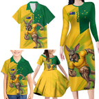 Personalized Australian Jackaroo Lawn Bowls Family Matching Long Sleeve Bodycon Dress and Hawaiian Shirt Kangaroo Bowler Green Yellow National Spirit Mascot Art