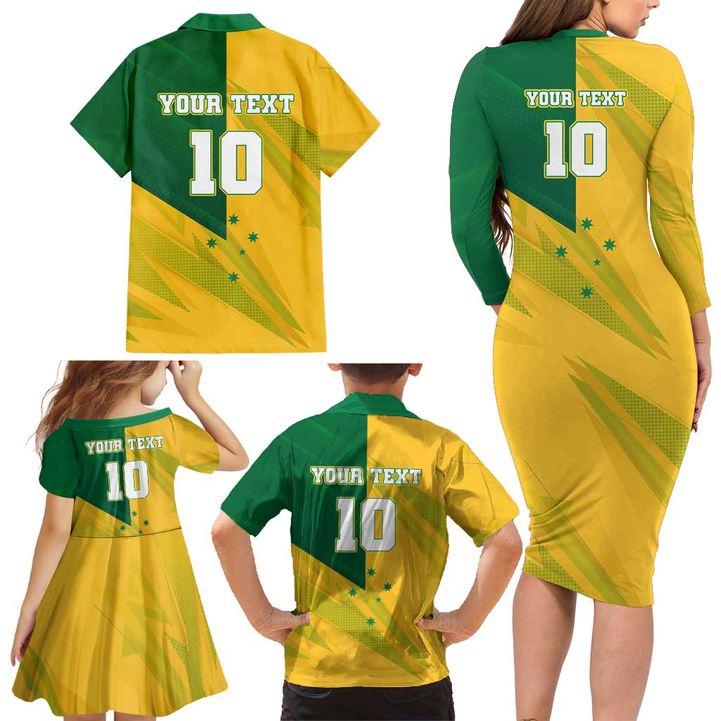 Personalized Australian Jackaroo Lawn Bowls Family Matching Long Sleeve Bodycon Dress and Hawaiian Shirt Kangaroo Bowler Green Yellow National Spirit Mascot Art