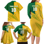 Personalized Australian Jackaroo Lawn Bowls Family Matching Long Sleeve Bodycon Dress and Hawaiian Shirt Kangaroo Bowler Green Yellow National Spirit Mascot Art